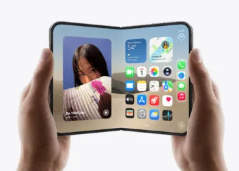 Apple event overview: unfolded iPhone Duo held in two hands showing the home screen on the inner display