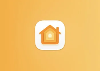 Symbolic image for Apple HomePad: Home app icon with an orange house on a yellow-orange gradient