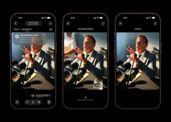 Three iPhones showing Apple Reference Image in the Photos app: a prompt to view the reference image, the unaltered reference image and the edited photo side by side