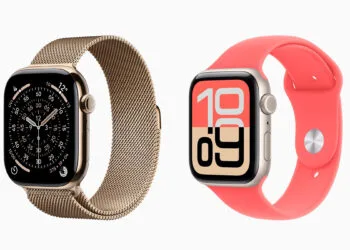 Two Apple Watch models side by side, one in gold with a Milanese Loop band and one in starlight with a sport band, on Apple Watch market share of 20.1 percent