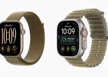Apple Watch Series 12 with aluminum case and Apple Watch Ultra 4 with titanium case side by side, the Ultra 4 showing a readiness score