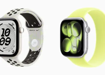 Apple Watch Series 12 vs Series 11 side by side, ceramic case in pearl white on the left, silver aluminum case on the right