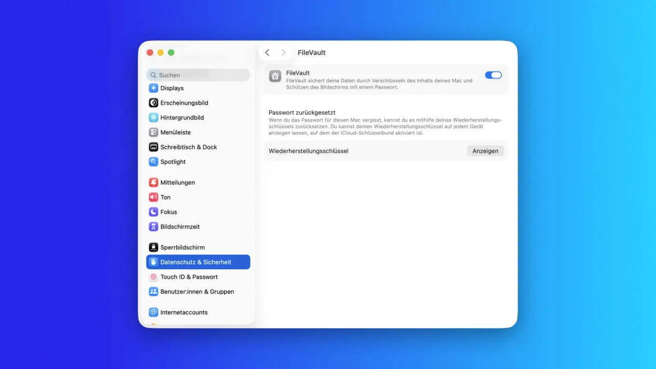 FileVault enabled with recovery key shown in the macOS System Settings