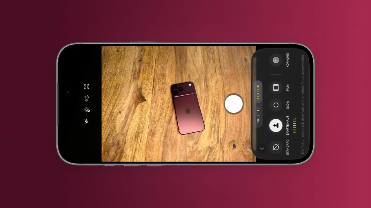 Landscape iPhone mockup of the Camera app: the Texture tab of Photographic Styles is open, showing Standard, Soft Skin, Glow, Film and Grain