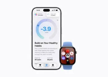 iPhone showing the Longevity tab of the Health app with the Health Age value, next to an Apple Watch with health apps