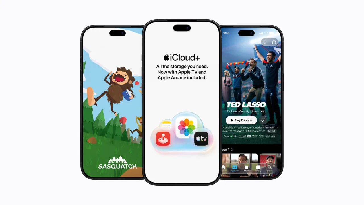 iCloud+ Apple TV Arcade: three iPhones side by side showing an Arcade game, the iCloud+ page and the Apple TV app