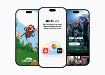 iCloud+ Apple TV Arcade: three iPhones side by side showing an Arcade game, the iCloud+ page and the Apple TV app