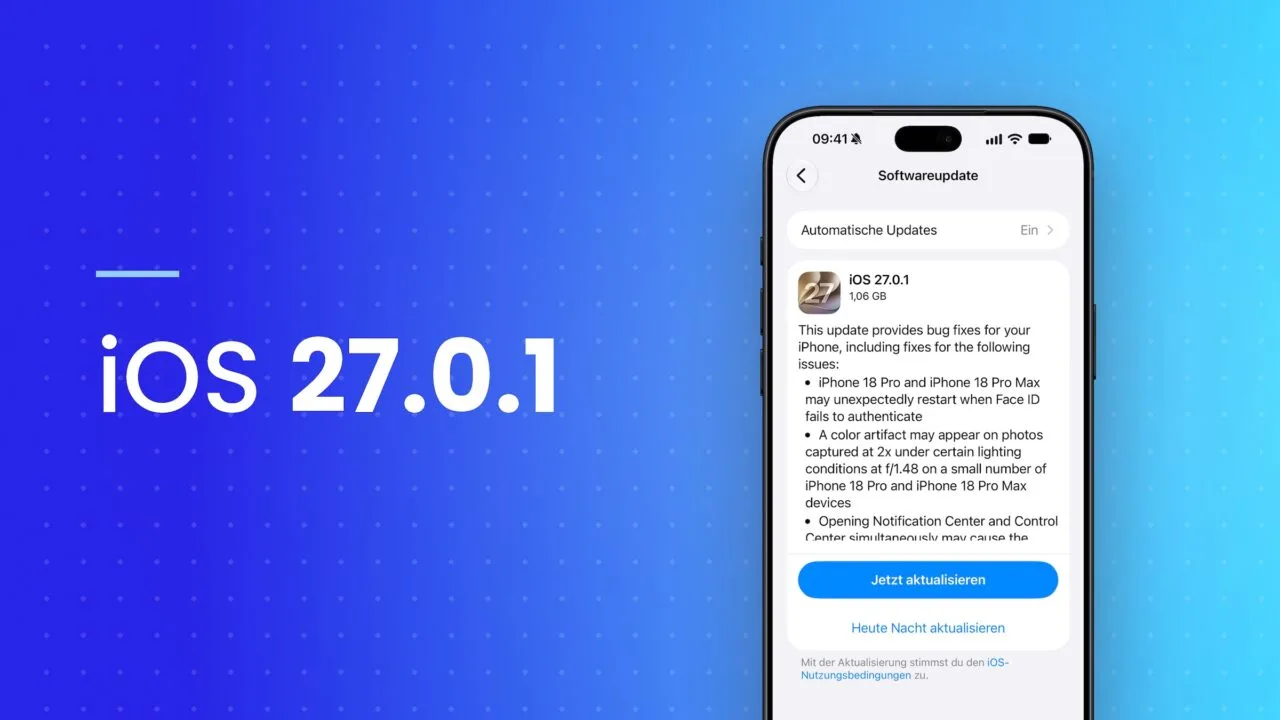 iPhone showing the software update settings with iOS 27.0.1 and the update button