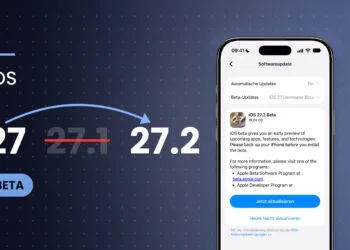 iOS 27.1 beta: version sequence 27, crossed-out 27.1 and 27.2 with an arrow over the skipped version, next to an iPhone showing the software update to iOS 27.2 beta