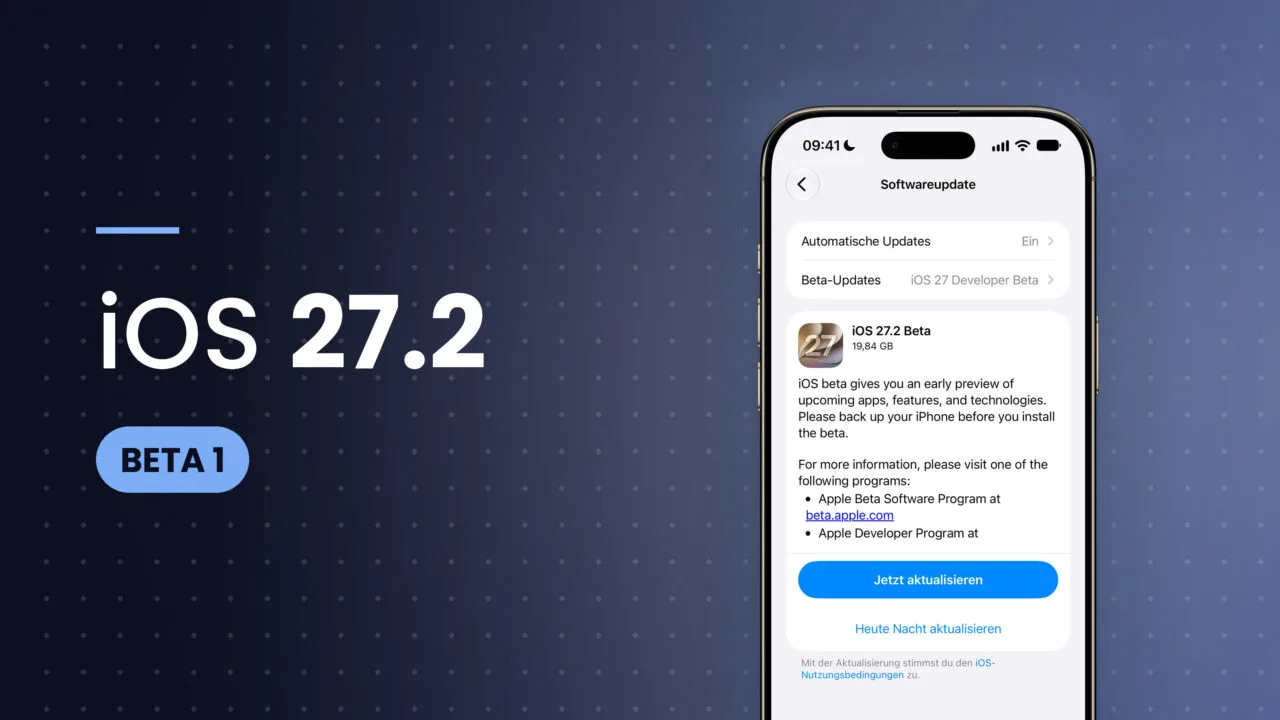 iPhone showing the software update settings with iOS 27.2 beta and the update button