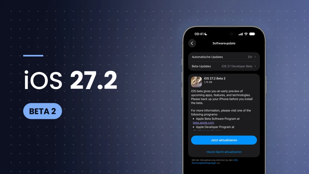 iPhone showing the software update settings with iOS 27.2 beta 2 and the update button