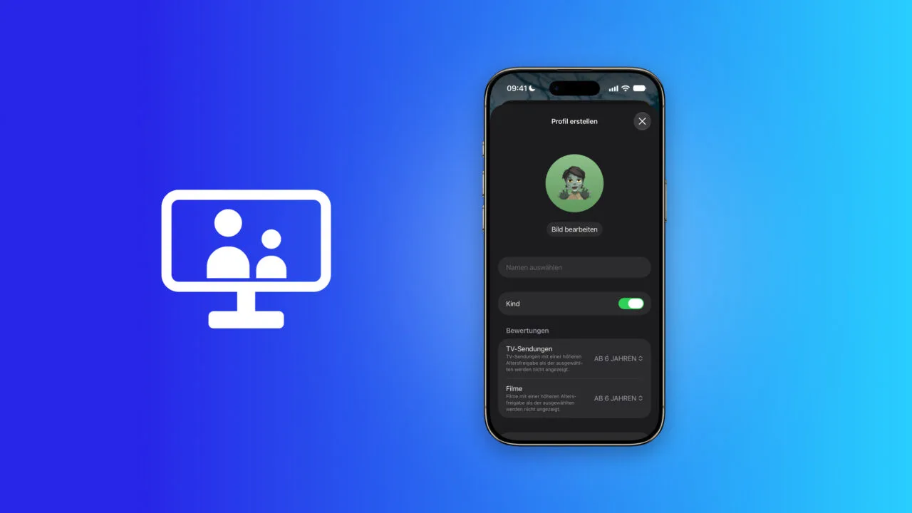 iOS 27.2 Apple TV profiles: iPhone showing the create profile screen with the kid toggle enabled and an age rating of 6 for TV shows and movies, next to a screen icon with two people