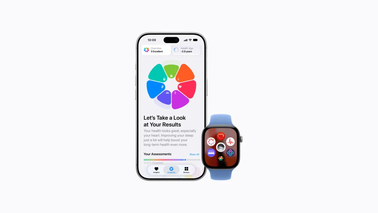 iOS 27.2 beta Health app: iPhone showing the Longevity tab with Health Age, next to an Apple Watch with health apps