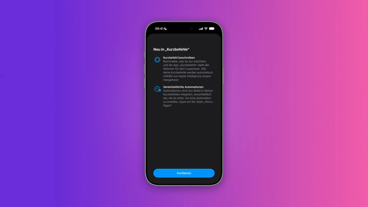 iPhone showing the Shortcuts app welcome screen introducing Describe a Shortcut – the feature that, according to code in iOS 27.2, is set to include actions from third-party apps