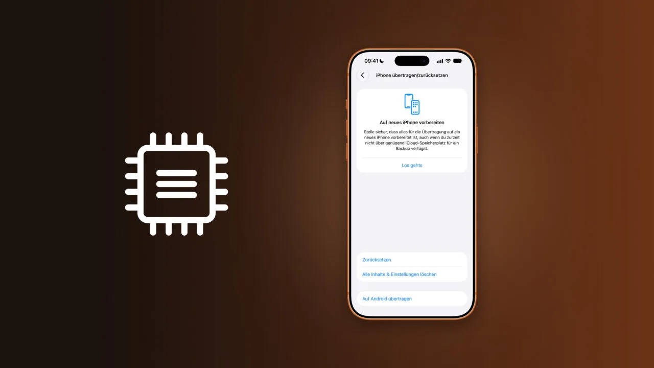 iOS 27.2 overwrite storage: iPhone showing the transfer or reset settings with the option to erase all content and settings, next to a memory chip icon