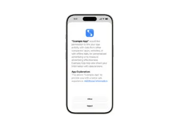 iOS 27.2 tracking prompt: iPhone showing Apple's example of the alternative prompt with an app explanation, a link to additional information and buttons to allow or reject