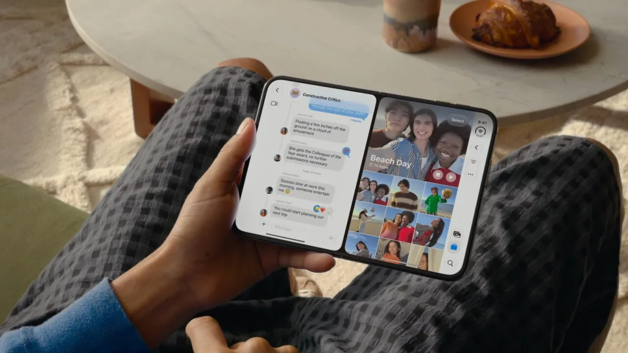 iOS 27 iPhone Duo: opened foldable iPhone showing Messages and Photos side by side in Split View