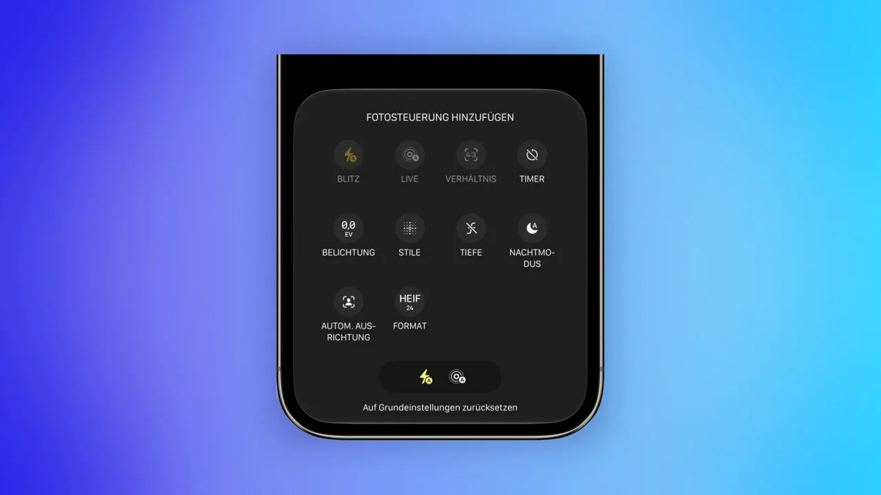 iOS 27 camera app customizable controls: the add photo controls view with ten available controls