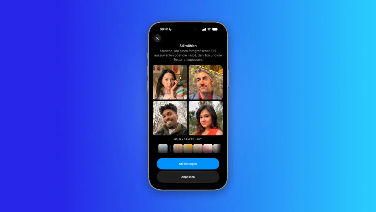 Style picker for texture and grain on iPhone: Photographic Style Gold with the Soft Skin texture, above it four sample portraits