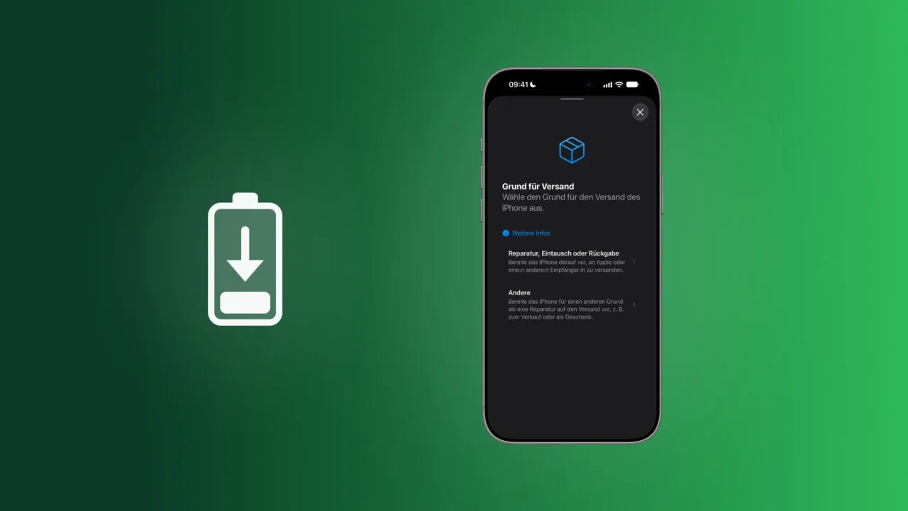 Preparing iPhone 18 Pro Max for shipping: iPhone showing the shipping reason screen with Repair, Trade-in or Return and Other, next to a battery with a downward arrow