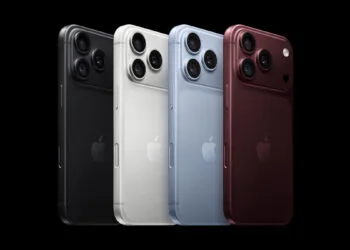iPhone 18 Pro in four colors side by side on a black background, backs showing the triple camera system