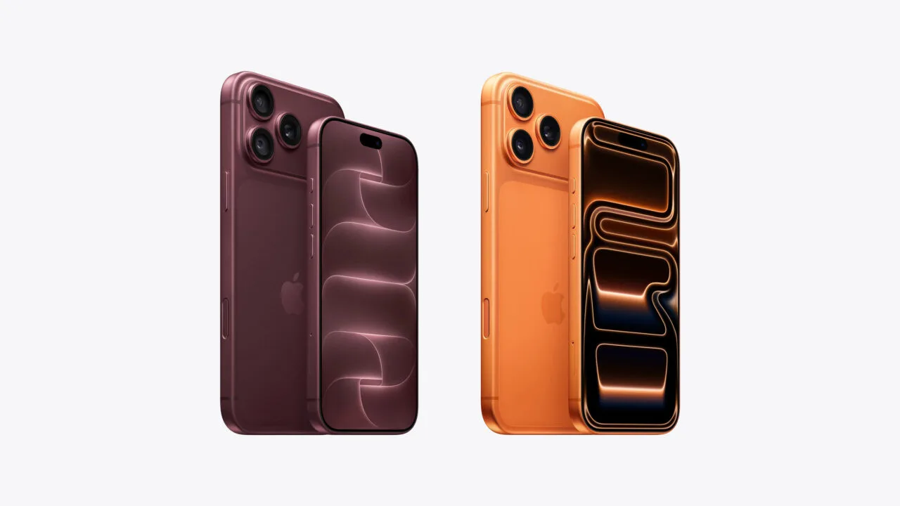 iPhone 18 Pro vs iPhone 17 Pro: both generations side by side, each showing the back with the camera module and the front, burgundy on the left, cosmic orange on the right