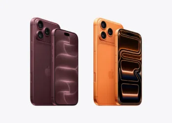 iPhone 18 Pro vs iPhone 17 Pro: both generations side by side, each showing the back with the camera module and the front, burgundy on the left, cosmic orange on the right