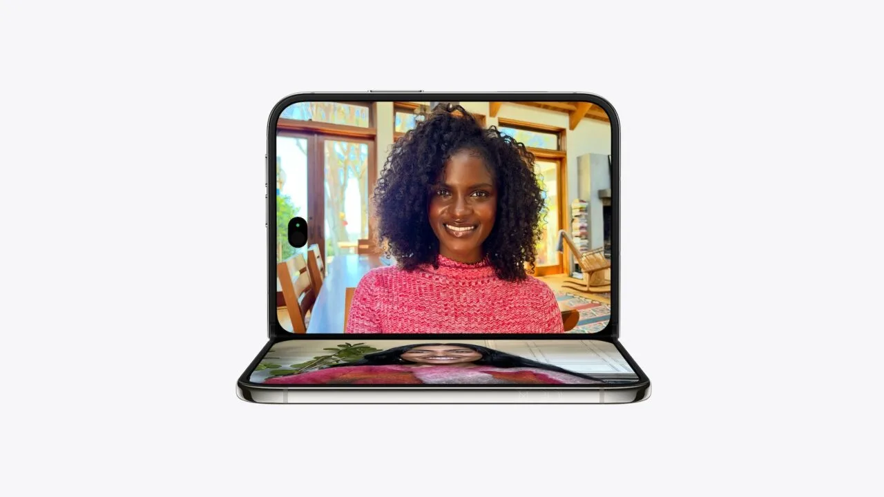 iPhone Duo half unfolded with a FaceTime video call on the inner display – around 6 million sales of the foldable iPhone are expected by the end of the year