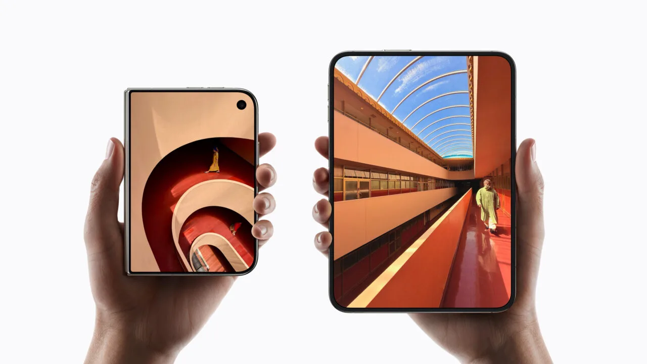 The iPhone Duo closed showing the outer display and opened showing the large inner display, each held in one hand