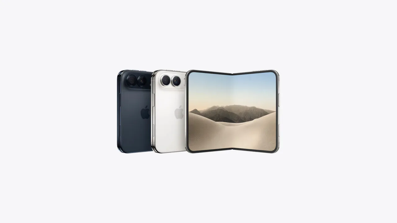 iPhone Duo spec sheet: the foldable iPhone half open next to two closed devices in dark blue and white