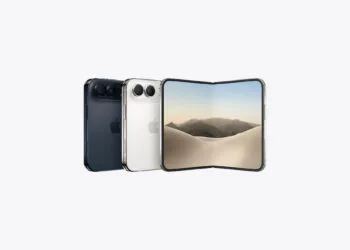 iPhone Duo spec sheet: the foldable iPhone half open next to two closed devices in dark blue and white
