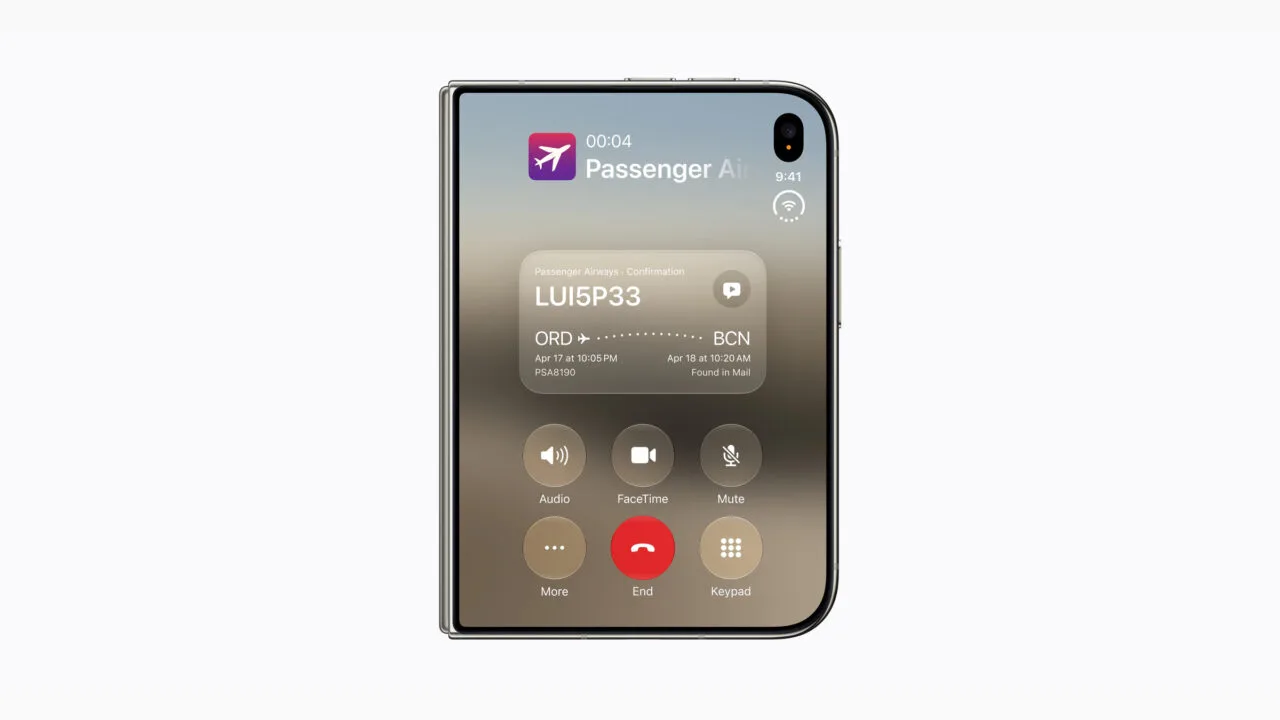 iPhone Duo display option: unfolded iPhone Duo showing an active call with flight details on screen