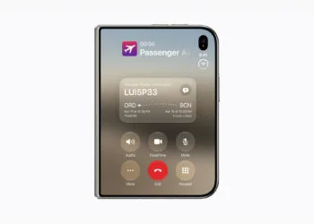 iPhone Duo display option: unfolded iPhone Duo showing an active call with flight details on screen