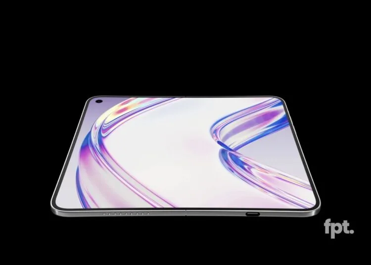Concept image of an unfolded foldable iPhone with a continuous display, illustrating the iPhone Duo