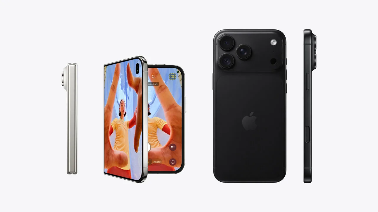 iPhone Duo or iPhone 18 Pro: the iPhone Duo in star white folded and unfolded next to the iPhone 18 Pro Max in black, shown to scale side by side