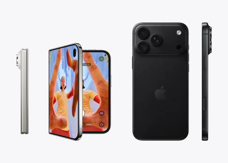 iPhone Duo or iPhone 18 Pro: the iPhone Duo in star white folded and unfolded next to the iPhone 18 Pro Max in black, shown to scale side by side