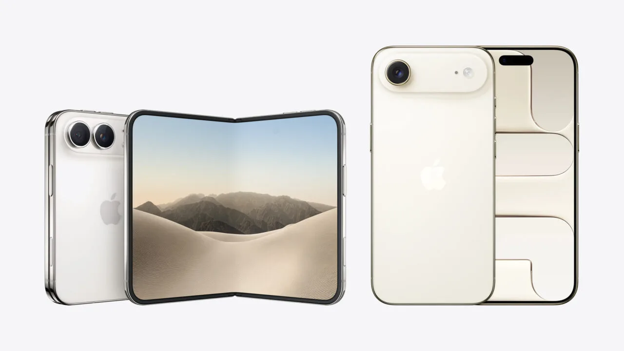 iPhone Duo or iPhone Air: the unfolded foldable iPhone on the left next to the iPhone Air, both to scale on a shared baseline