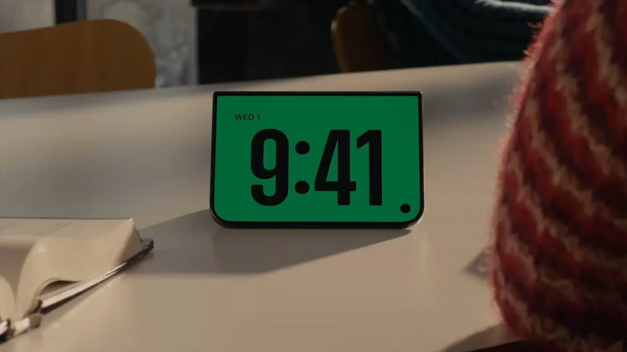iPhone Duo in StandBy, half unfolded and standing on a table, showing a large digital clock on a green background