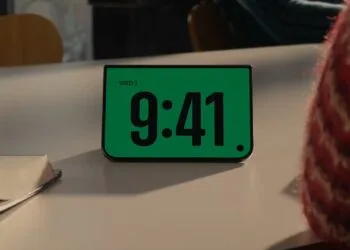 iPhone Duo in StandBy, half unfolded and standing on a table, showing a large digital clock on a green background