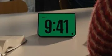 iPhone Duo in StandBy, half unfolded and standing on a table, showing a large digital clock on a green background