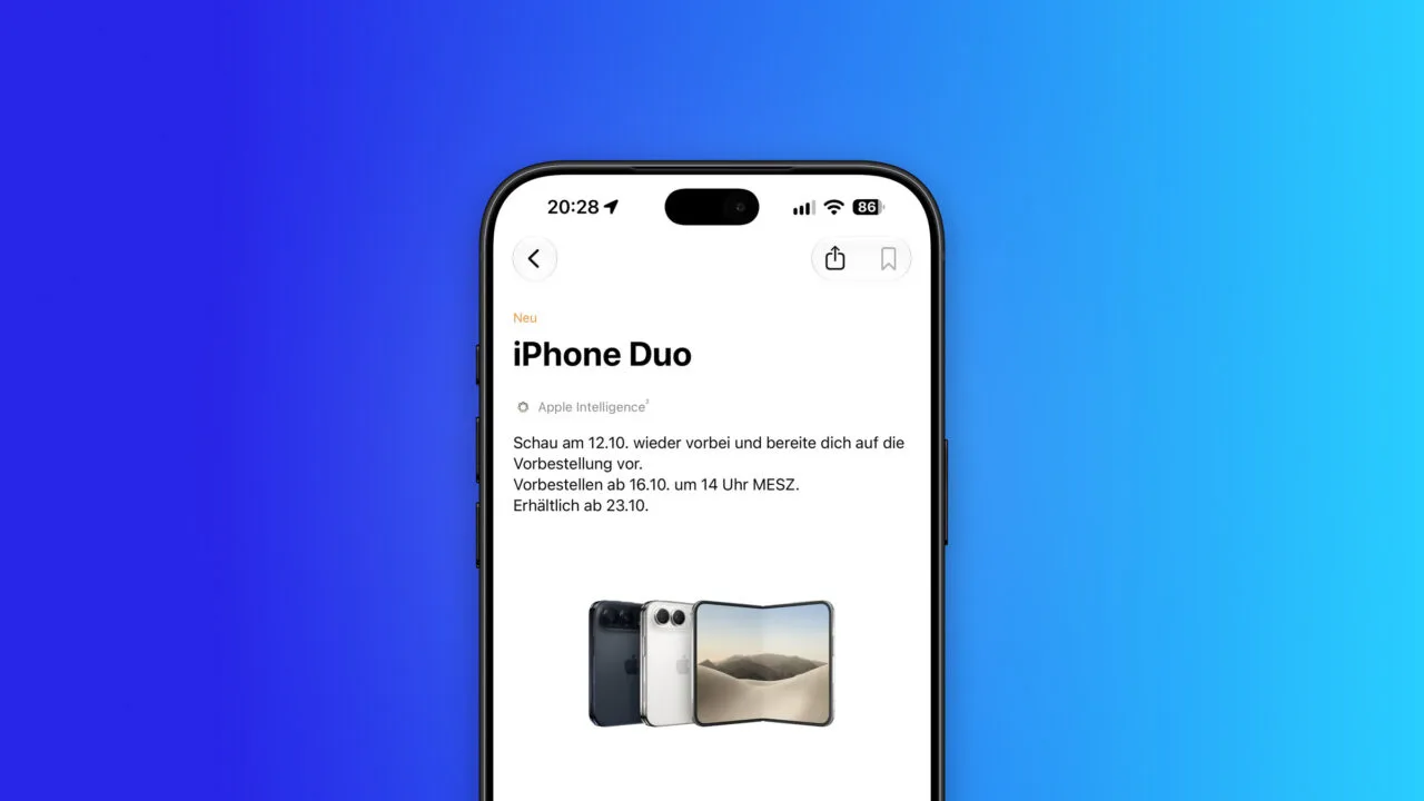 iPhone Duo product page in the Apple Store app on an iPhone showing preparation from 12 October and pre-orders from 16 October