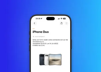 iPhone Duo product page in the Apple Store app on an iPhone showing preparation from 12 October and pre-orders from 16 October