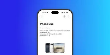 iPhone Duo product page in the Apple Store app on an iPhone showing preparation from 12 October and pre-orders from 16 October