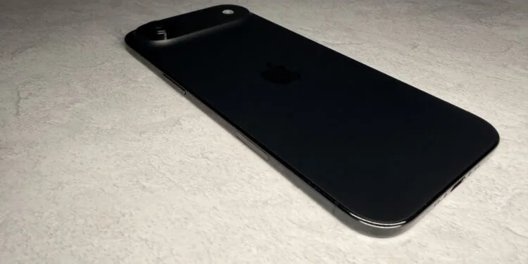 iPhone Ultra market share: black iPhone Air lying flat, viewed from the side on light stone