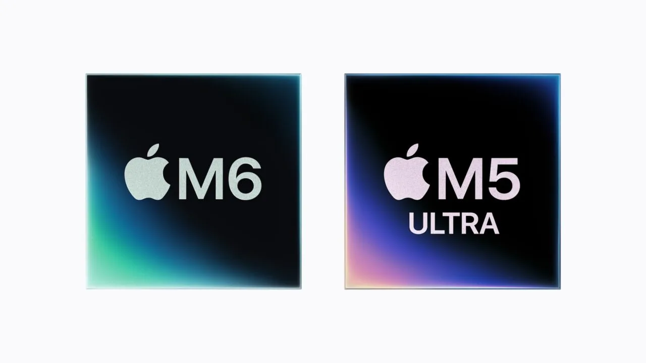 M5 Ultra and M6 benchmark: Apple's chip logos for M6 and M5 Ultra side by side