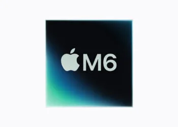 M6 benchmark: Apple's graphic of the M6 chip with Apple logo on a black and teal gradient