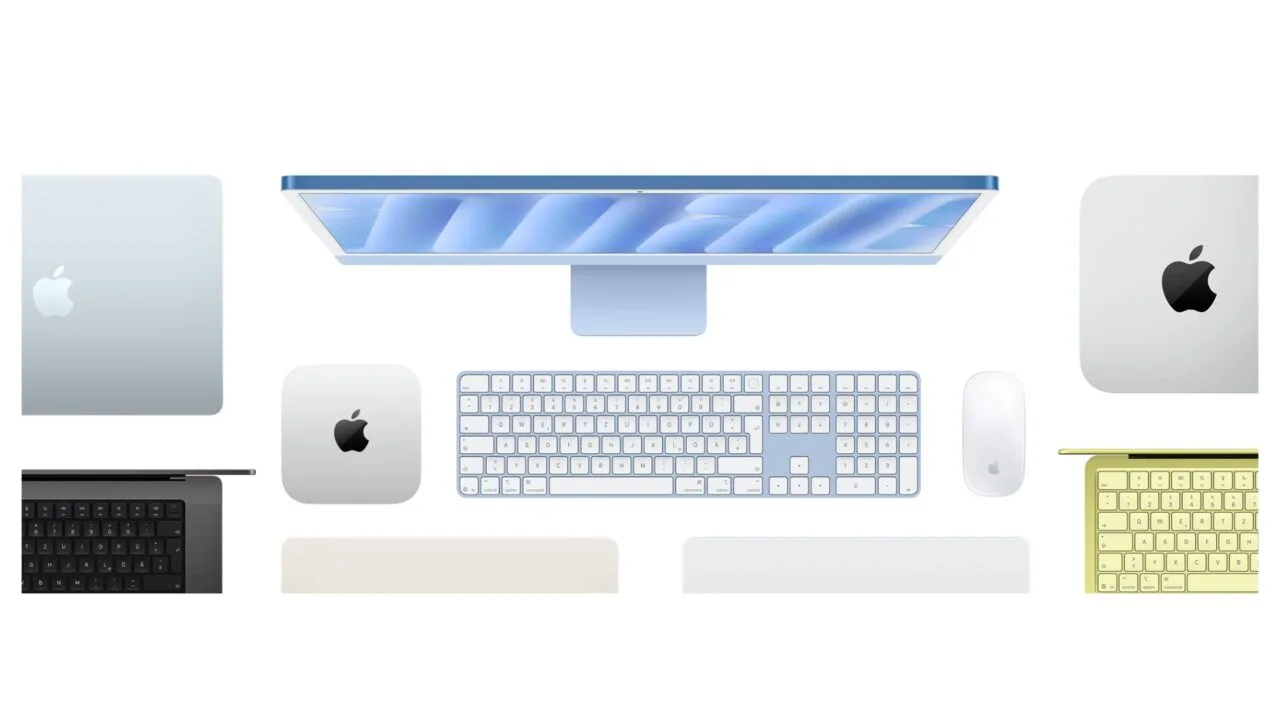 Mac buying guide: top view of a blue iMac with keyboard and mouse, next to a Mac mini, other Macs and MacBooks in several colours
