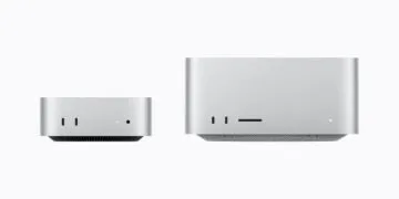 Mac mini and Mac Studio, the subjects of the first reviews, shown side by side to scale from the front