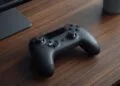 Concept image of an Apple game controller: a dark game controller on a wooden desk