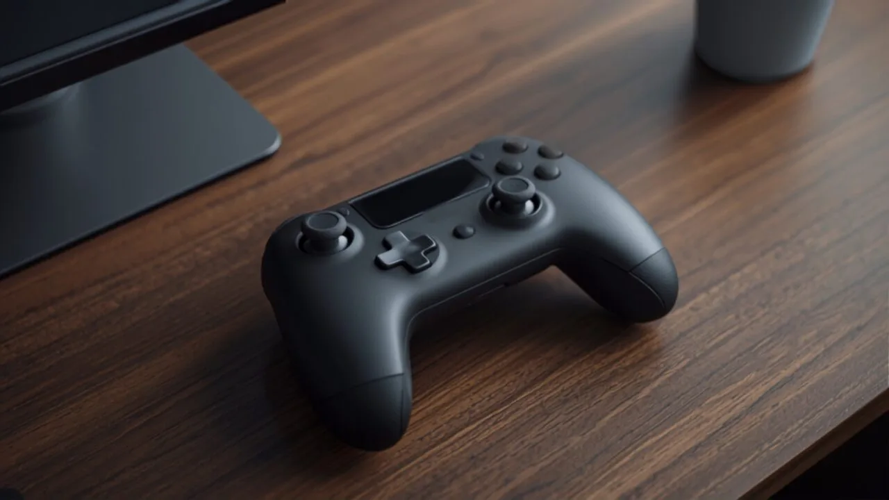 Concept image of an Apple game controller: a dark game controller on a wooden desk